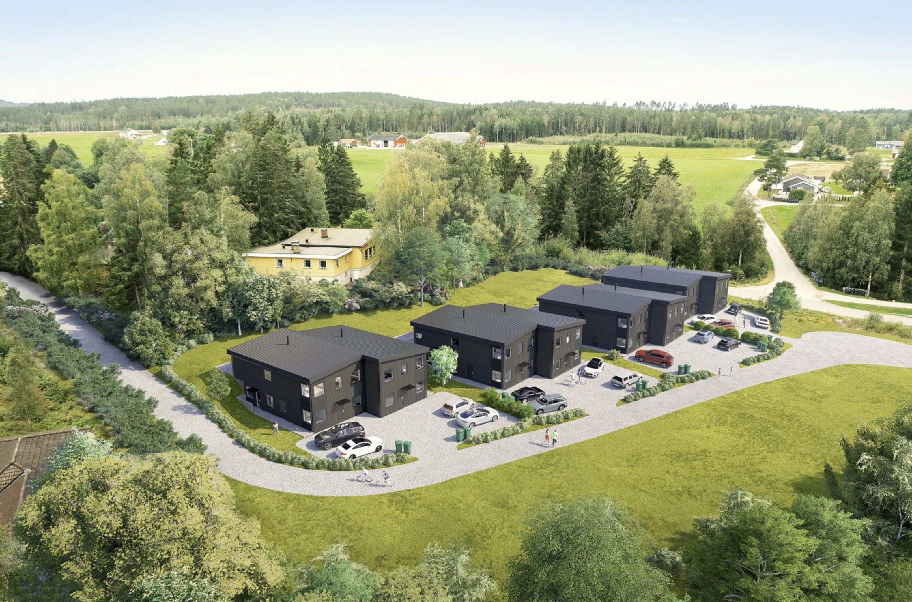 Illustrasjon av hus i Vestliahagen i Knapstad, elementer leveres av Viken Element